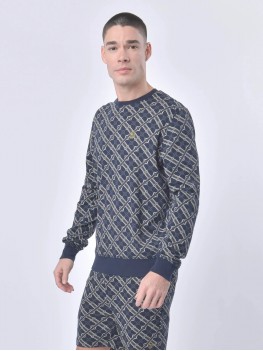 Luke "Dennison 2" Crew Neck Sweatshirt  With all over print in Navy  -  M710365