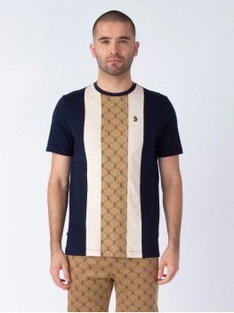 Luke "Kane" Overprinted Crew Neck T Shirt In Navy Cream & Caramel - M750150