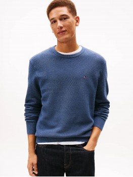 Tommy Hilfiger Flag Embroidery Textured Crew Neck Sweater In Aegean Sea - MW0MW36347 DVC Tommy Hilfiger Flag Embroidery Textured Crew Neck Sweater In Aegean Sea - MW0MW36347 DVC