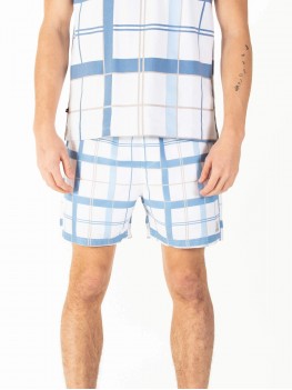 Luke Chesters Check Swim Shorts In White & Blue - M791060