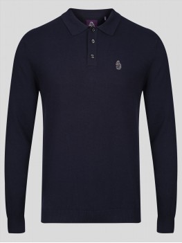 Luke Magnesium Long Sleeved Knitted Polo Shirt In Navy - ZM450616