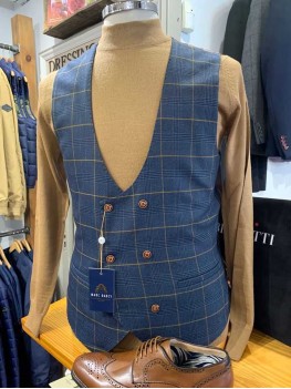 Marc Darcy "Jenson" Double Breasted Navy & Tan Check Waistcoat