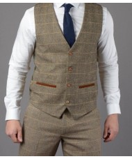 Marc Darcy "Ted" Single Breasted Slim Fit Tan Tweed Check Waistcoat
