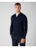 Remus Uomo Slim Fit Merino Wool-Blend Long Sleeve Knitted Polo In Navy Blue